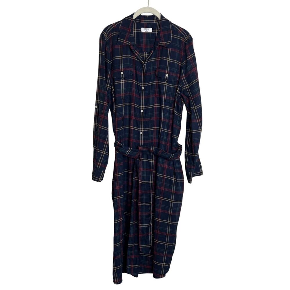 UNTUCKit Parker Plaid Midi Shirt Dress Size 14 Navy Belted Pockets